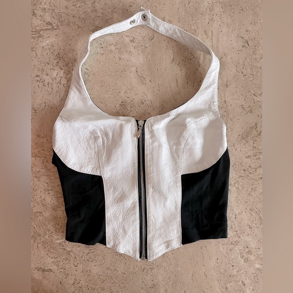 Tops - Women’s Two-Tone Halter Zip Front Top - White & Black